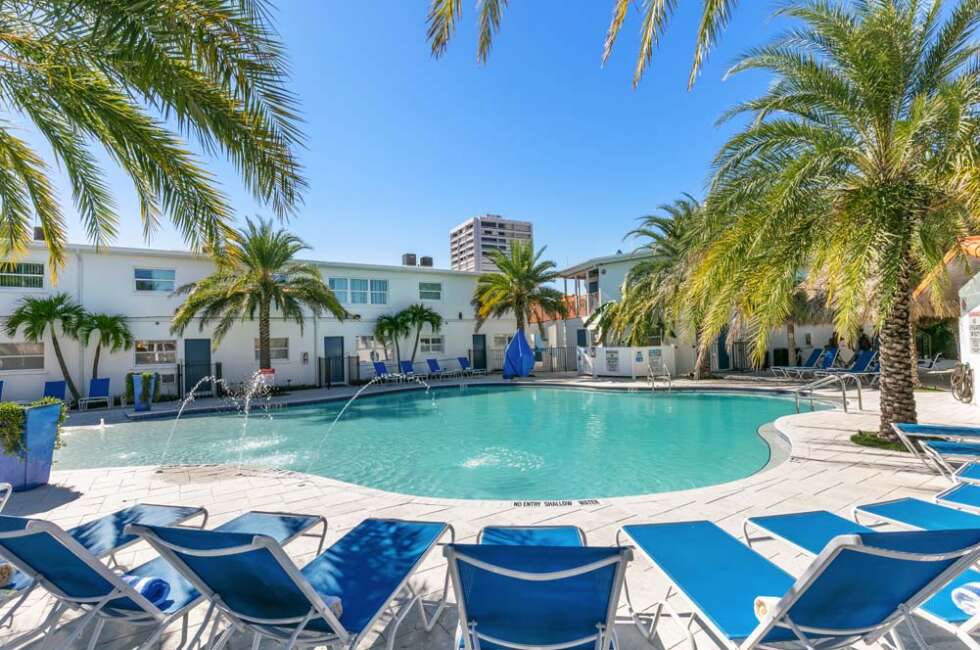 A swimming pool with lounge chairs and palm trees
